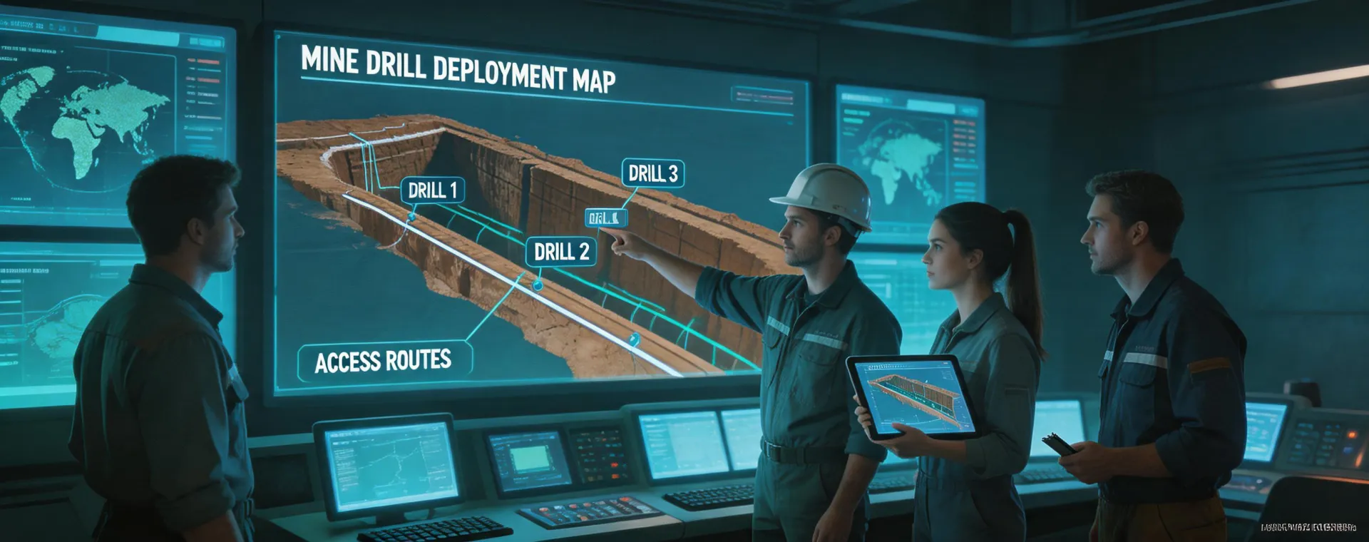 Mining service engineers planning a drilling deployment